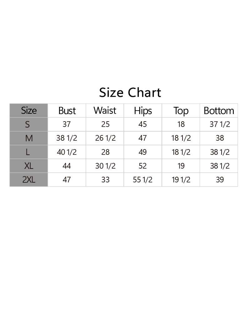 A size chart table with columns for Size, Bust, Waist, Hips, Top, and Bottom, shown on a plain white background.